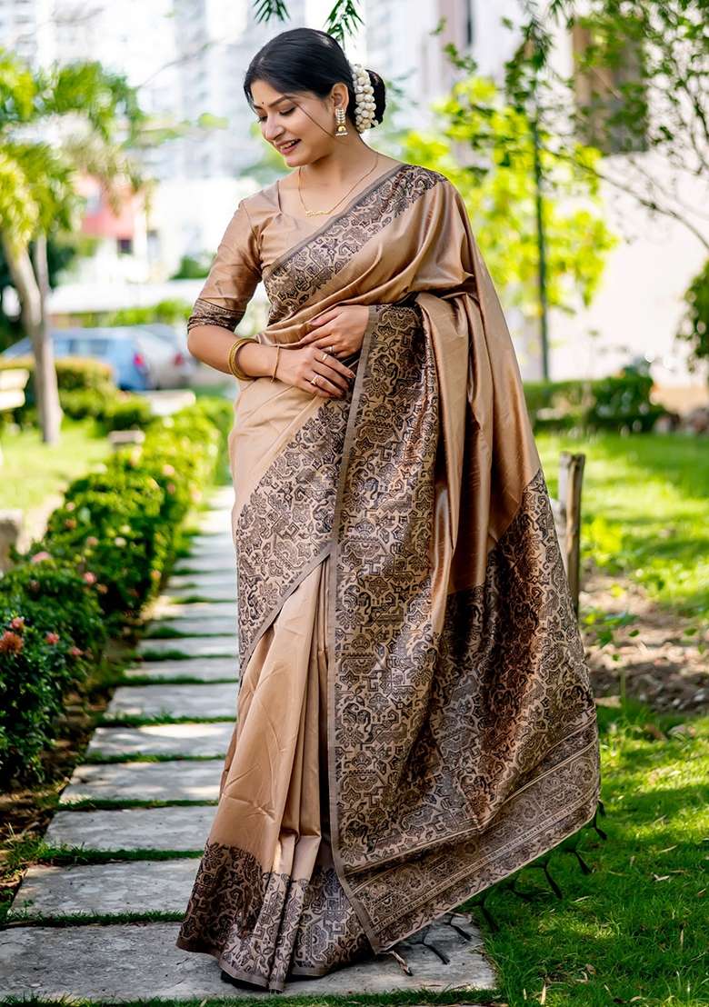 Brown Embroidered Raw Silk Blend Saree Set for Diwali and Festive Wear - Indya