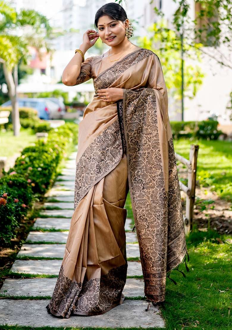 Brown Embroidered Raw Silk Blend Saree Set for Diwali and Festive Wear - Indya