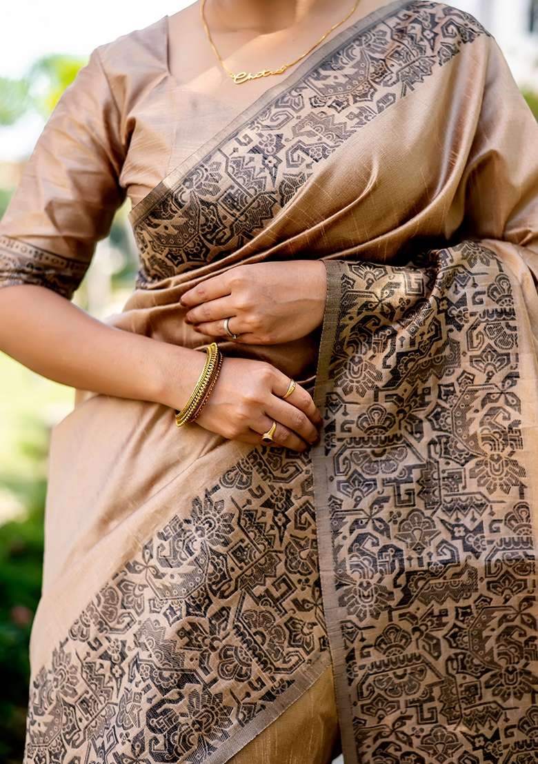 Brown Embroidered Raw Silk Blend Saree Set for Diwali and Festive Wear - Indya