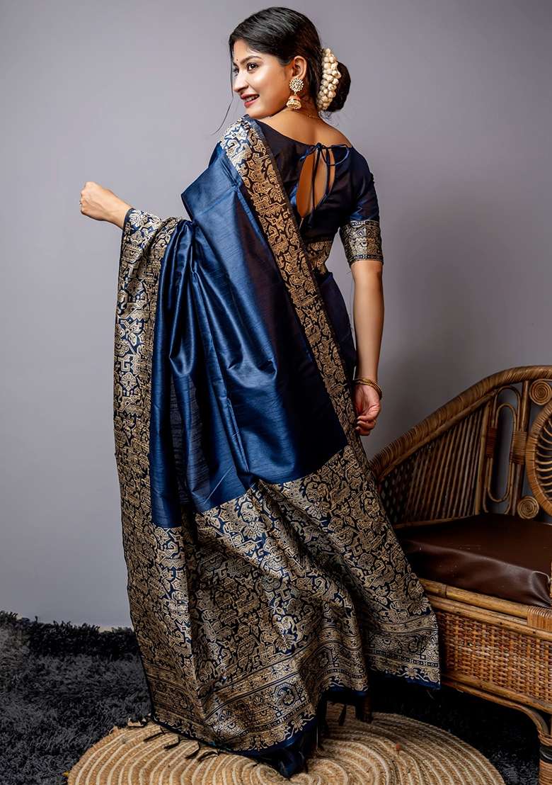 Dark Blue Blend Raw Silk Saree Set with Embroidered for Diwali | Wedding & Festive Wear - Indya