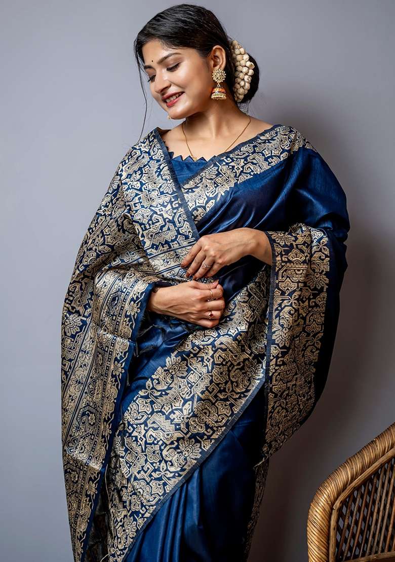 Dark Blue Blend Raw Silk Saree Set with Embroidered for Diwali | Wedding & Festive Wear - Indya