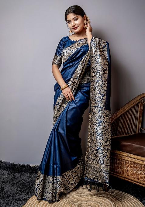 Dark Blue Embroidered Raw Silk Saree Set