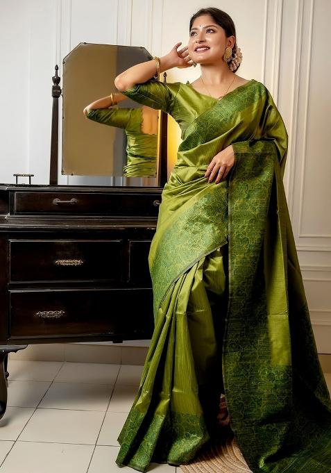 Green Embroidered Raw Silk Saree Set