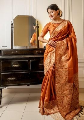 Orange Embroidered Raw Silk Saree Set