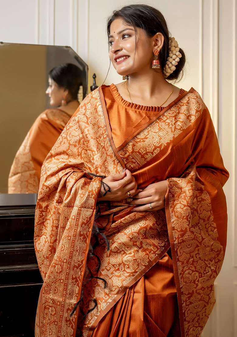 Orange Blend Raw Silk Saree Set with Embroidered for Diwali | Wedding & Festive Wear - Indya