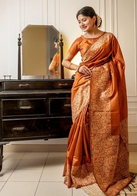 Orange Embroidered Raw Silk Saree Set