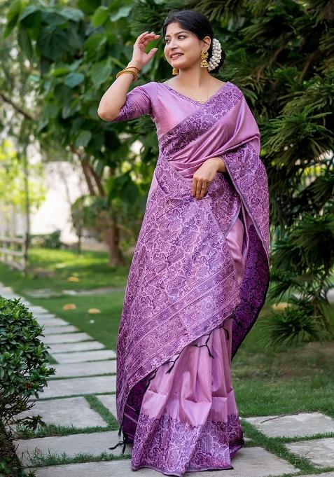 Purple Embroidered Raw Silk Saree Set