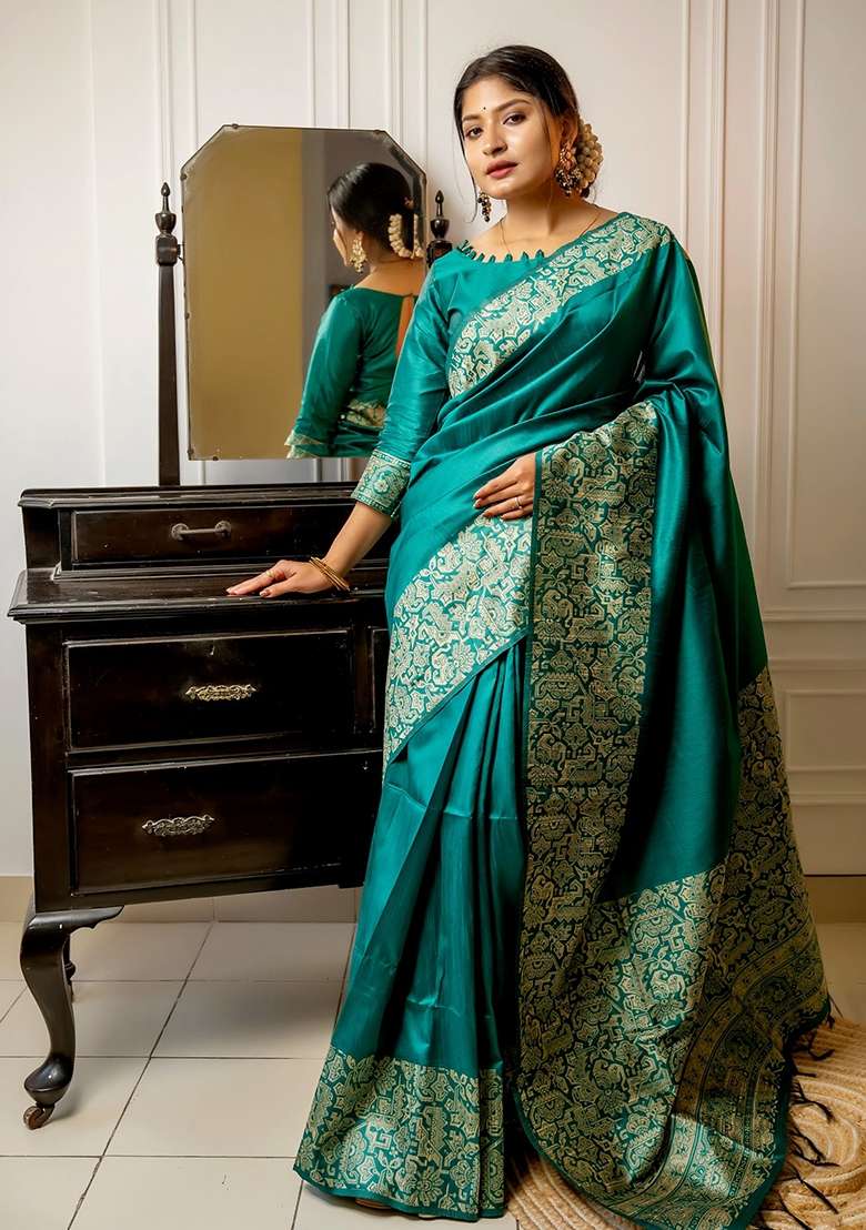 Rama Blend Raw Silk Saree Set with Embroidered for Diwali | Wedding & Festive Wear - Indya