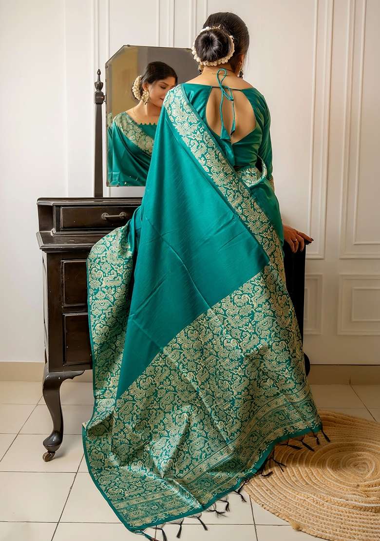 Rama Blend Raw Silk Saree Set with Embroidered for Diwali | Wedding & Festive Wear - Indya
