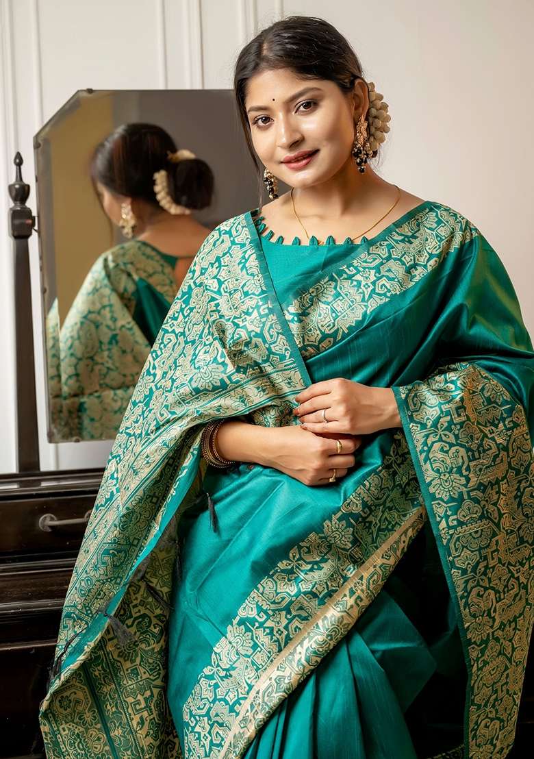 Rama Blend Raw Silk Saree Set with Embroidered for Diwali | Wedding & Festive Wear - Indya