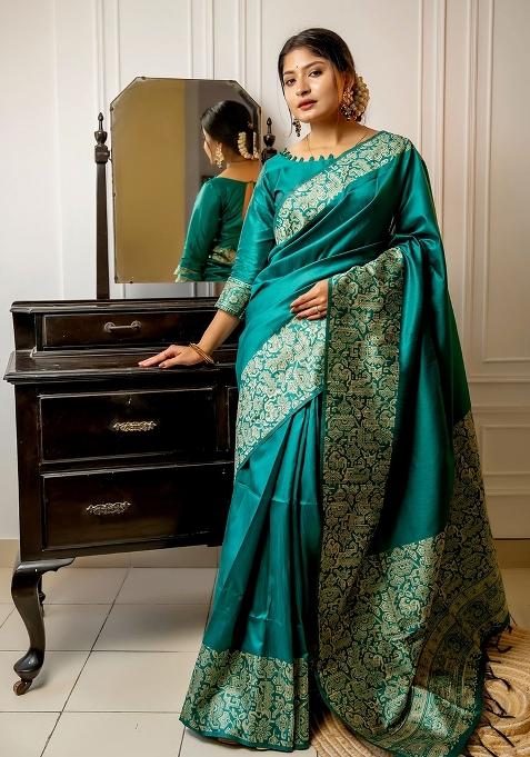 Rama Embroidered Raw Silk Saree Set