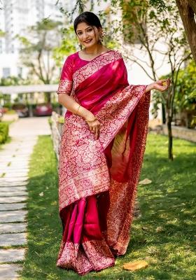 Rani Pink Embroidered Raw Silk Saree Set