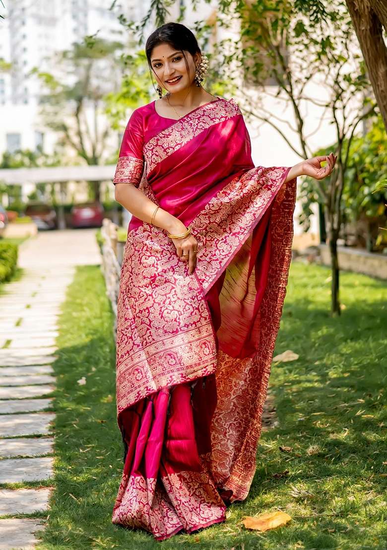 Rani Pink Embroidered Raw Silk Blend Saree Set for Diwali and Festive Wear - Indya