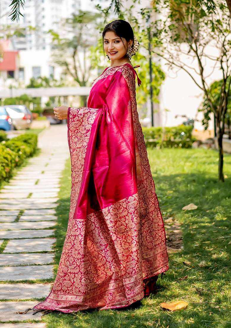 Rani Pink Embroidered Raw Silk Blend Saree Set for Diwali and Festive Wear - Indya