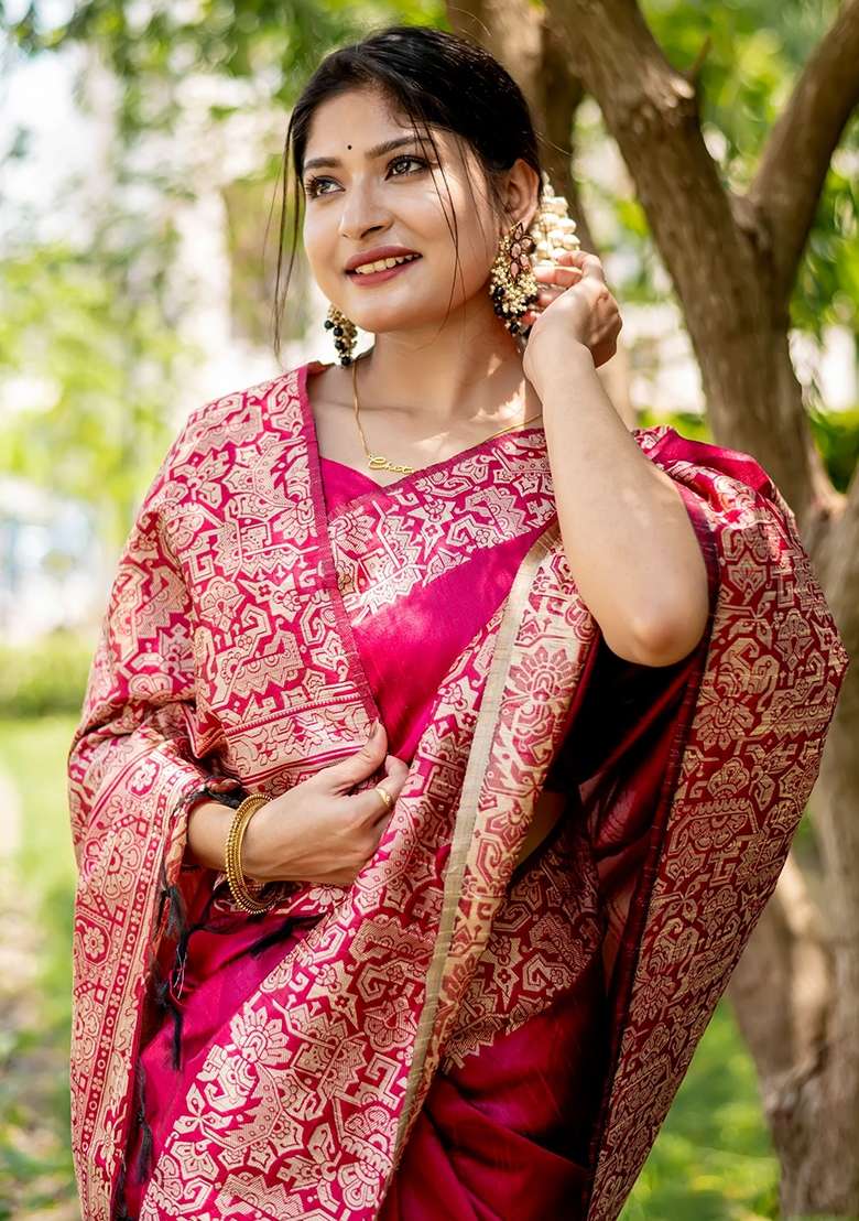Rani Pink Embroidered Raw Silk Blend Saree Set for Diwali and Festive Wear - Indya