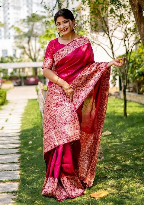 Rani Pink Embroidered Raw Silk Saree Set