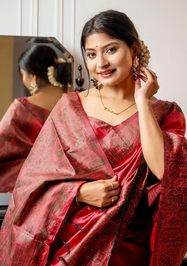 Red Embroidered Raw Silk Saree Set