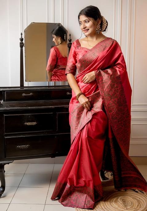 Red Embroidered Raw Silk Saree Set