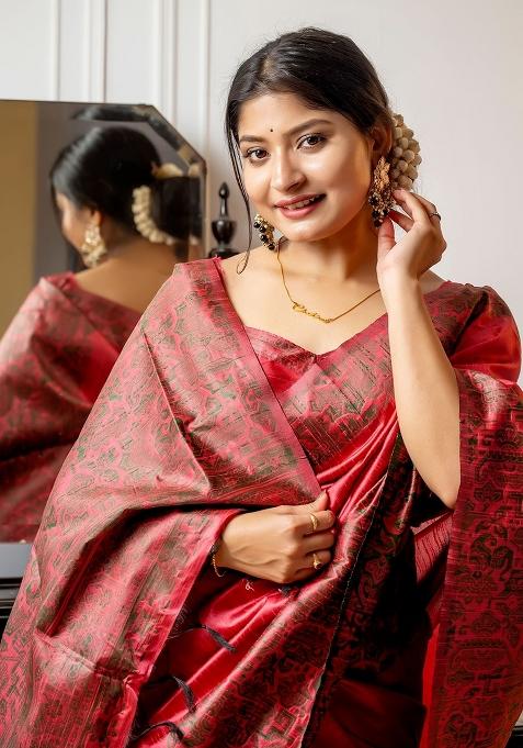 Red Embroidered Raw Silk Saree Set