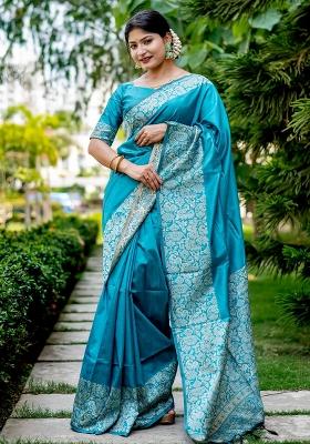 Sky Blue Embroidered Raw Silk Blend Saree Set