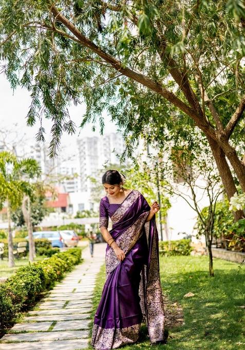 Violet Embroidered Raw Silk Saree Set