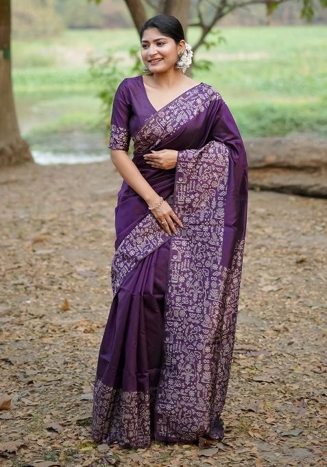 Purple Embroidered Raw Silk Saree Set