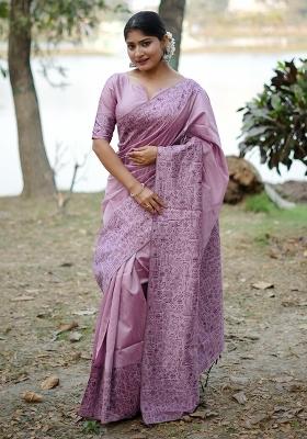 Dusty Pink Embroidered Raw Silk Blend Saree Set