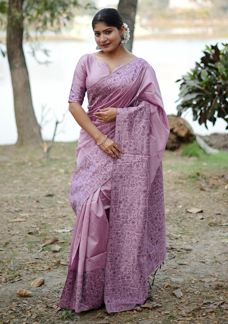 Dusty Pink Embroidered Raw Silk Saree Set