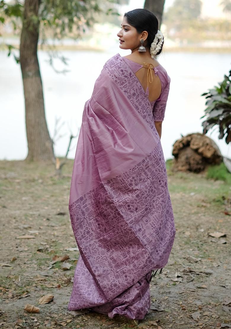 Dusty Pink Embroidered Raw Silk Saree Set