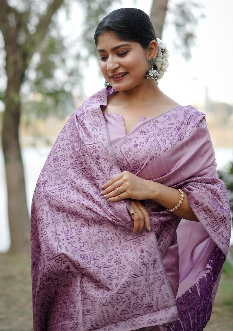 Dusty Pink Embroidered Raw Silk Saree Set