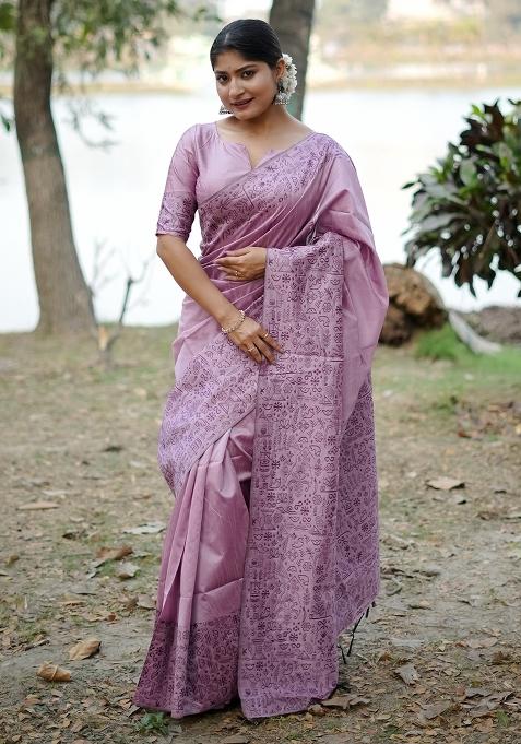 Dusty Pink Embroidered Raw Silk Saree Set