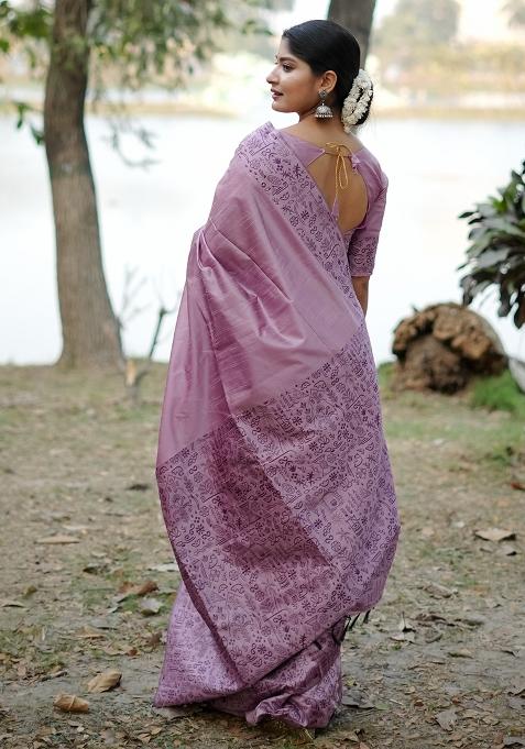 Dusty Pink Embroidered Raw Silk Saree Set