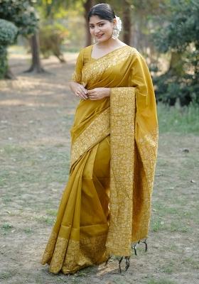 Mustard Yellow Embroidered Raw Silk Blend Saree Set