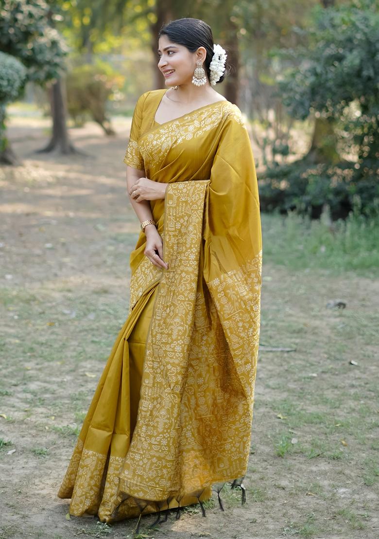 Mustard Yellow Embroidered Raw Silk Saree Set