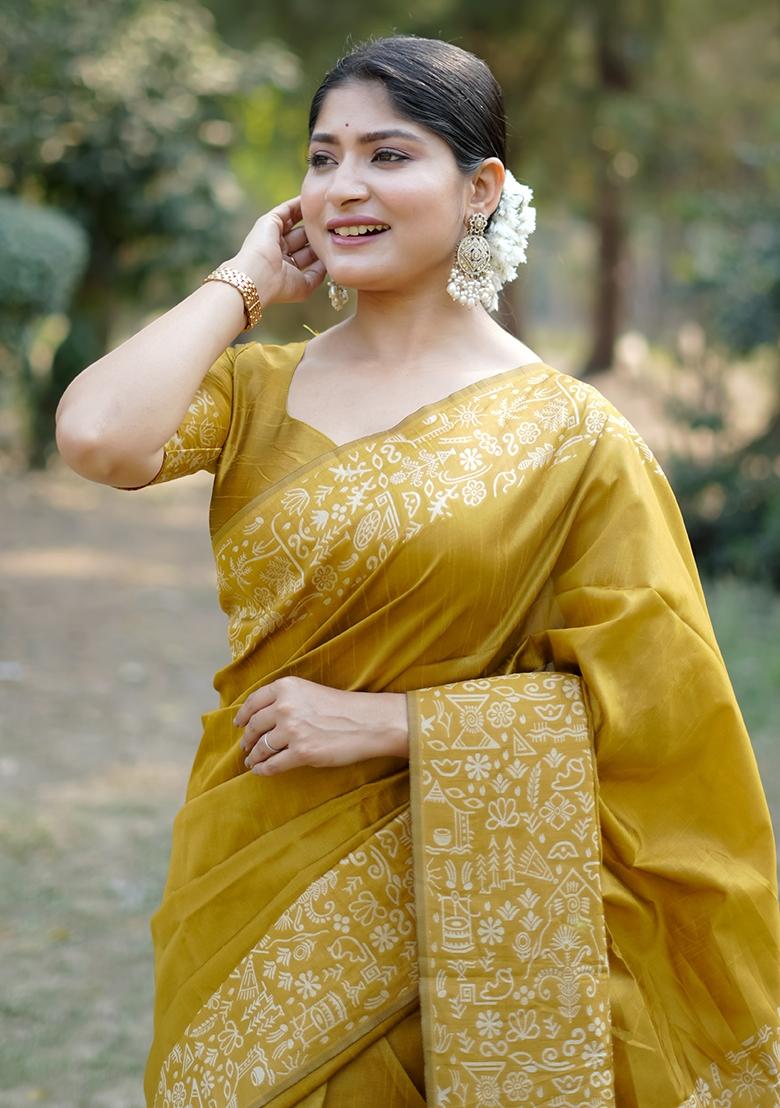 Mustard Yellow Embroidered Raw Silk Saree Set