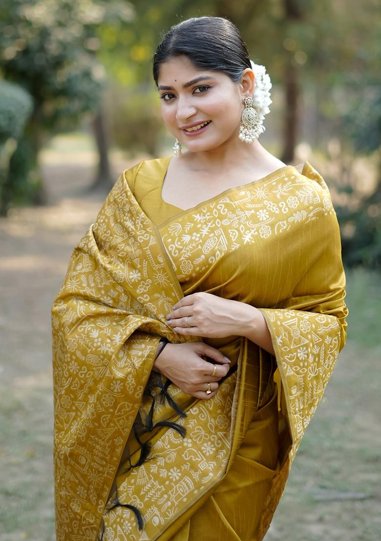 Mustard Yellow Embroidered Raw Silk Saree Set