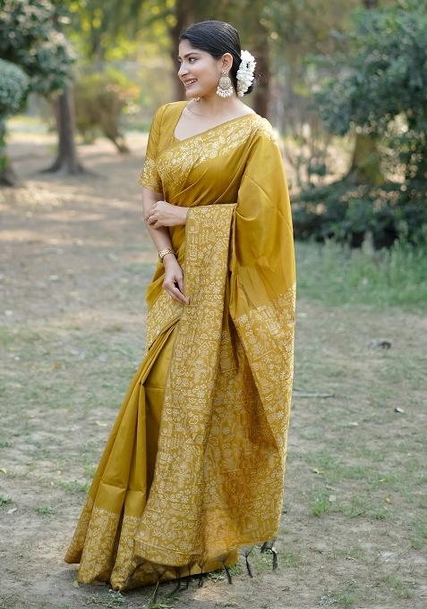 Mustard Yellow Embroidered Raw Silk Saree Set