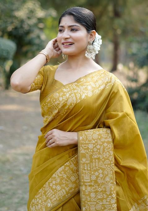 Mustard Yellow Embroidered Raw Silk Saree Set