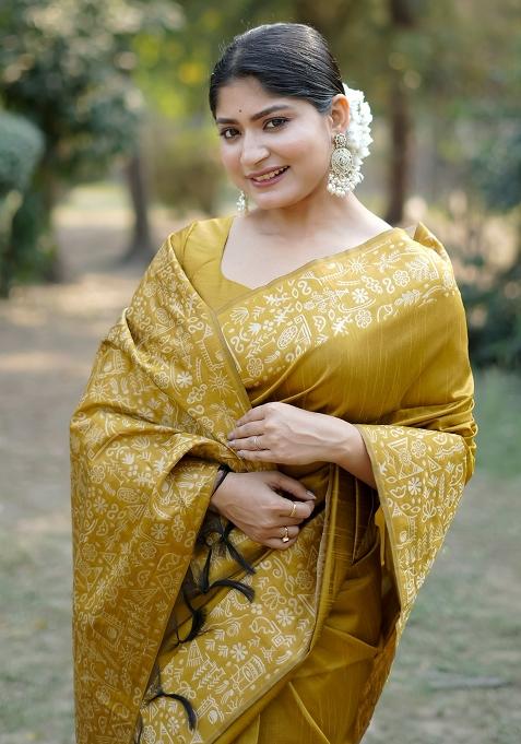 Mustard Yellow Embroidered Raw Silk Saree Set