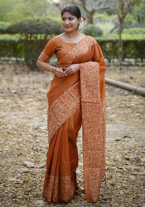 Rusty Embroidered Raw Silk Saree Set