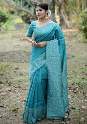 Sky Blue Embroidered Raw Silk Blend Saree Set