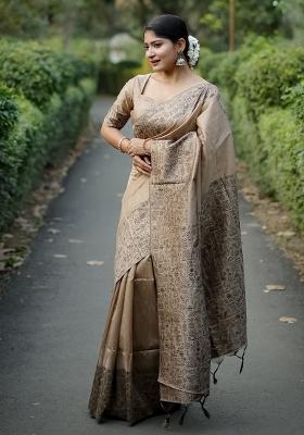 Beige Embroidered Raw Silk Saree Set