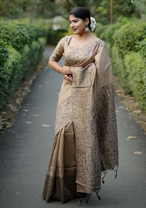 Beige Embroidered Raw Silk Saree Set