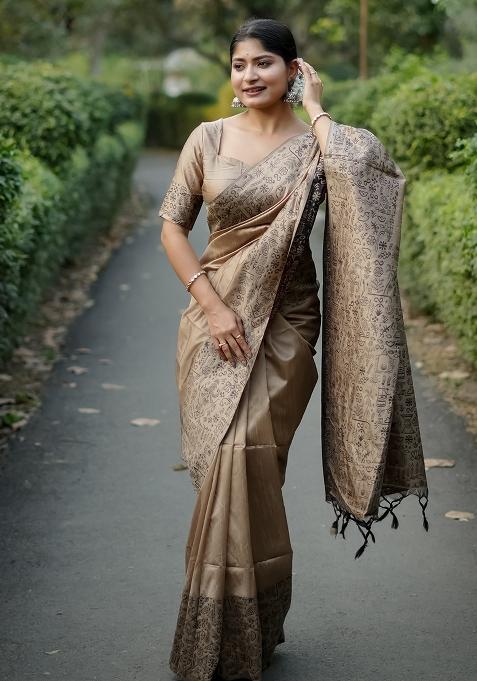 Beige Embroidered Raw Silk Saree Set