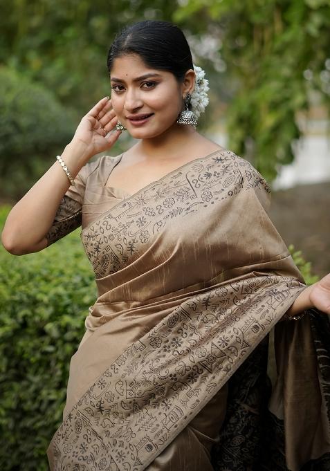 Beige Embroidered Raw Silk Saree Set