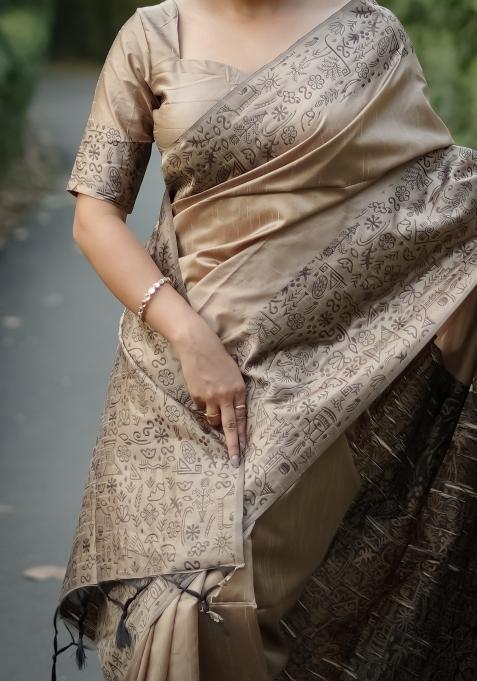 Beige Embroidered Raw Silk Saree Set