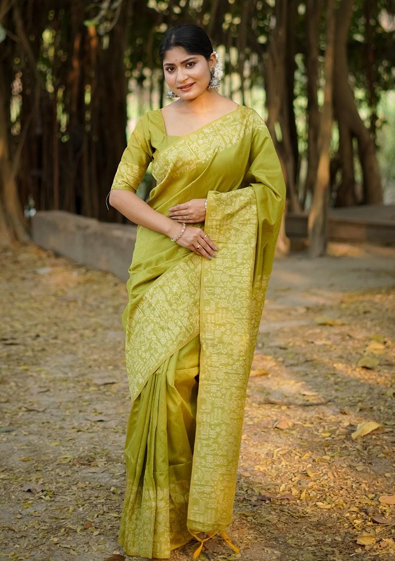 Pista Green Embroidered Raw Silk Saree Set