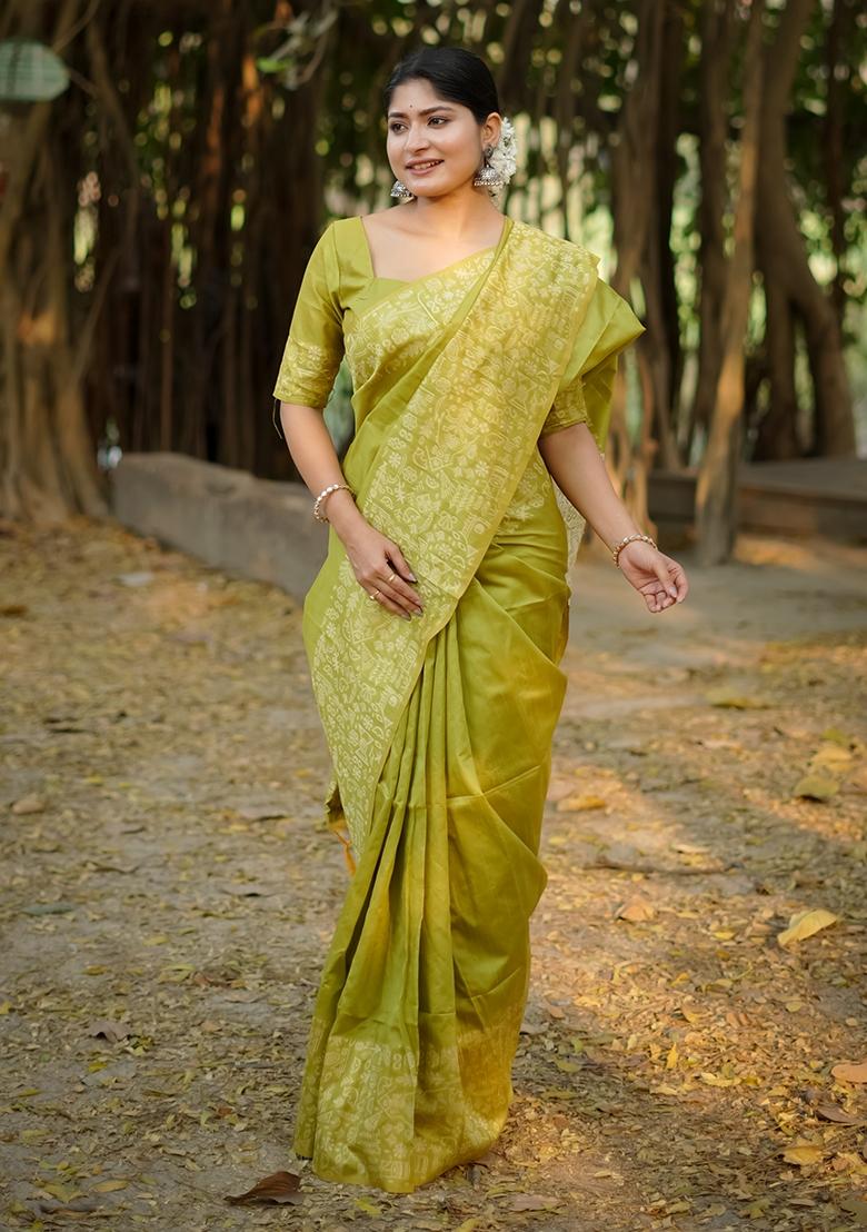 Pista Green Embroidered Raw Silk Saree Set