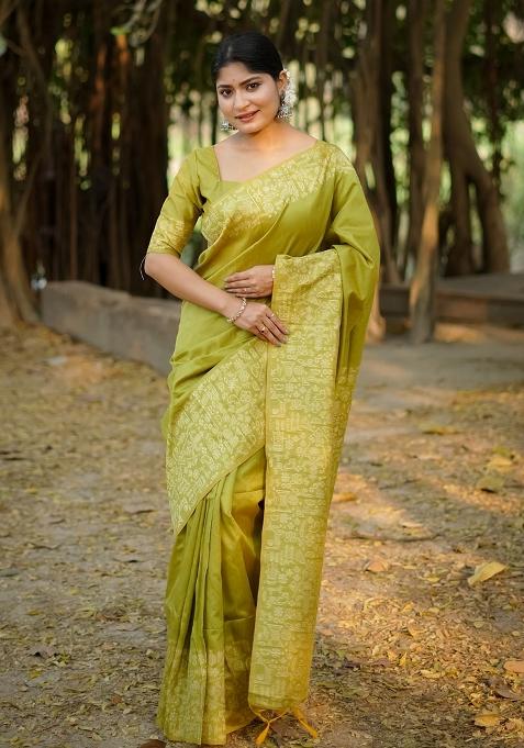 Pista Green Embroidered Raw Silk Saree Set