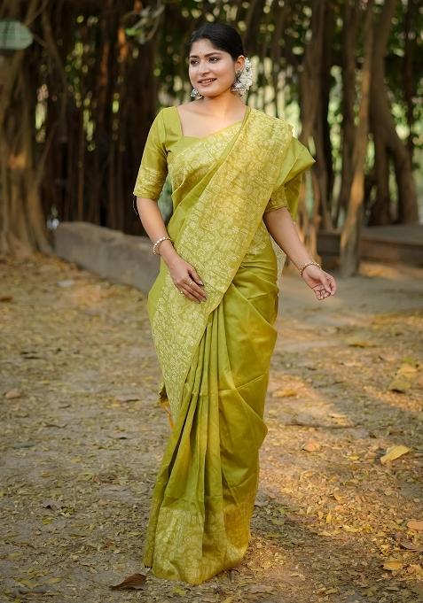 Pista Green Embroidered Raw Silk Saree Set